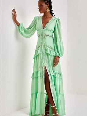 Mint Green Lace-Trim Maxi Dress with V-Neck and Bishop Sleeves